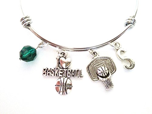 Basketball themed personalized bangle bracelet. Antique silver charms and a genuine Swarovski birthstone colored element.