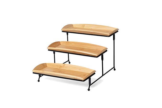 Nature’s Kitchen 3 Tier Serving Tray - Bamboo Rectangle 12 x 5.75 Inch Serving Platters - Tiered Serving Stand for Desserts and Appetizers
