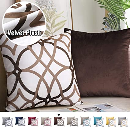 H.VERSAILTEX Pack of 2 Decorative Velvet Pillow Covers Soft Square Throw Pillow Covers for Couch/Bed/Bedroom 18 x 18 Inch 45 x 45 cm, Taupe and Brown Geo Pattern Matched with Solid Brown