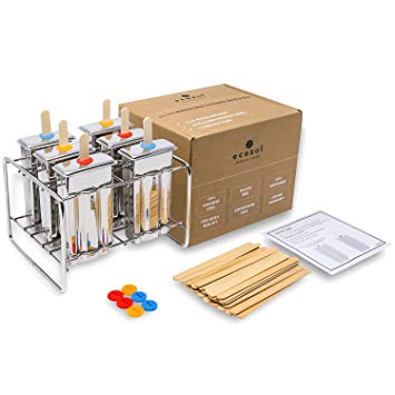 Ecozoi Eco-Safe Stainless Steel Popsicle Molds and Rack - 6 Ice Pop Makers   30 Reusable Bamboo Sticks   12 Silicone Seals   1 Rack