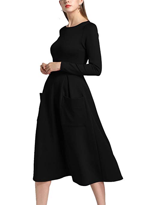 Aoymay Women's Fit and Flare Skater Dress, Casual Long Sleeve Scoop Neck Pockets Going Out Swing Midi Fall/Winter Dresses