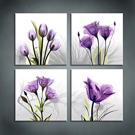 Moyedecor Art - 4 Panel Elegant Tulip Flower Canvas Print Wall Art Painting For Living Room Decor And Modern Home Decorations (Four 12X12in, Purple flower prints framed)