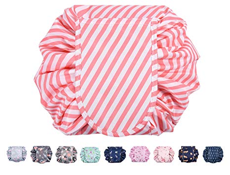 iKammo Lazy Makeup Bag Portable Drawstring Cosmetic Bag Quick Pack Travel Makeup Drawstrings Sleeve Pouch Case (Pink Stripe)