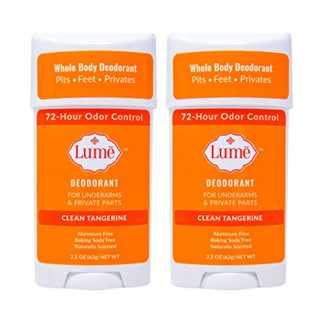 Lume Natural Deodorant - Underarms and Private Parts - Aluminum Free, Baking Soda Free, Hypoallergenic, and Safe For Sensitive Skin - 2.2 Ounce Stick Two-Pack (Clean Tangerine)