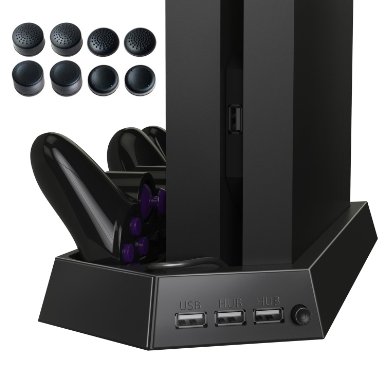 PS4 Vertical Stand with Cooling Fan Charger Kootek Multifunctional PlayStation 4 Console Cooler Dualshock 4 Controllers Charging Station with Dual Charger Ports and USB HUB