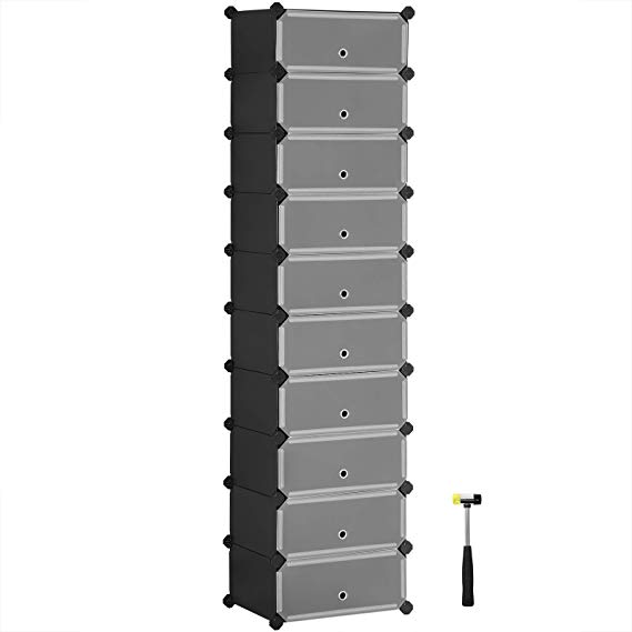 SONGMICS 10-Tier Shoe Rack, Plastic Cube Storage Organizer Units, DIY Modular Closet Cabinet with Doors, Includes Rubber Mallet and Anti-Tipping Device, Black ULPC10H