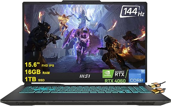 MSI Cyborg 15 Gaming Laptop 15.6" FHD IPS 144Hz Display 12th Generation Intel 10-core i7-12650H Processor 16GB RAM 1TB SSD GeForce RTX 4060 8GB Graphics Backlit Keyboard USB-C Win11 Black   HDMI Cable