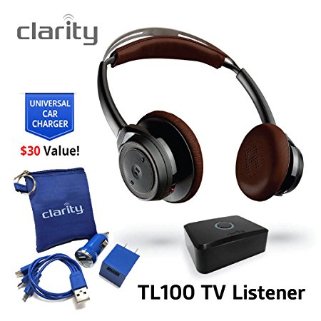 Clarity TL100 Wireless Bluetooth Over-Ear Sound Amplifying Headphones Headset For Hearing Impaired Solo TV Listening with Clarity Home Car Charger