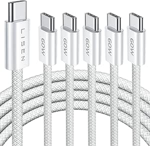 LISEN USB C Charger Cable, 5-Pack [6.6FT] USB C to USB C Cable iPhone 15 Pro Max Plus, 60W (3.1A) C Charger Cable Fast Charging for Samsung S23/22, MacBook Air Pro 2020, iPad Pro