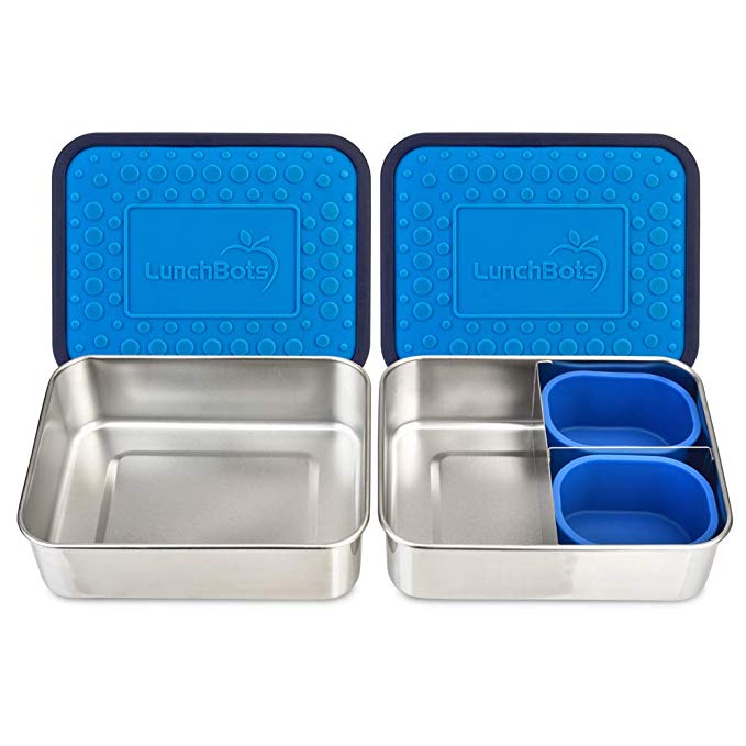 LunchBots Lite Bento Box Lunch Bundle – Includes Two Bento Boxes - One Section and Three Section Stainless Steel Containers and Silicone Cups - Eco-Friendly, Dishwasher Safe, BPA-Free - Ocean