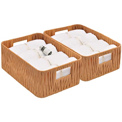 StorageWorks Hand-Woven Decorative Baskets with Handles, Woven Baskets for Storage, Walnut, 12.6" x 8.5" x 5.1", 2-Pack