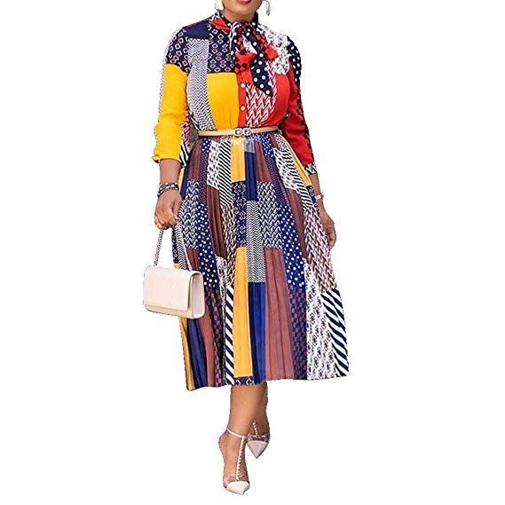 VERWIN Bow Collar Patchwork A-Line Color Block Women's Long Sleeve Dress Midi Dress