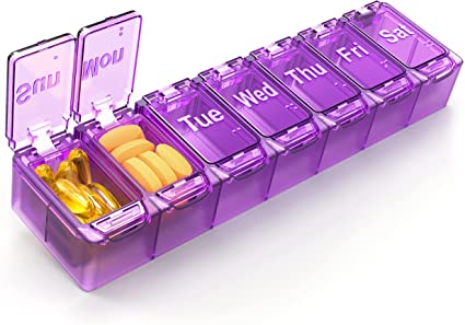 LALAGO Weekly Pill Organizer, Pill Box 7 Day with Spring-Opening Design Lid, Pill Dispenser with Permanent Date Mark & Braille Date to Manage Fish Oil, Tablet, Vitamin, Supplement (Red & Purple)