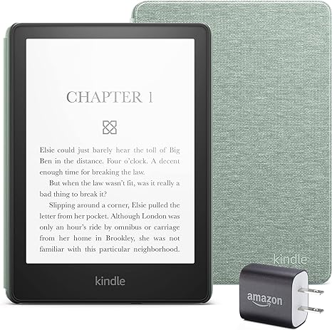 Kindle Paperwhite Essentials Bundle including Kindle Paperwhite (16 GB) - Fabric Cover - Agave Green, and Power Adapter