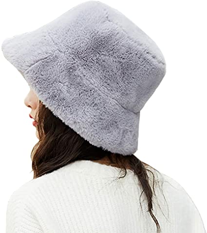 Women Faux Fur Bucket Cap Bush Hat Wide Brim Fluffy Winter Vintage Super Soft Hat