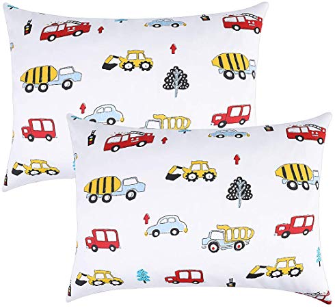 IBraFashion Kids Toddler Pillowcases 100% Soft Percale Cotton Sateen Weave 14x19 2 Packs Fits Kid Toddler Bedding Pillow 14x19, 13x18 Small Pillow (Fire Engine/Construction Vehicle)