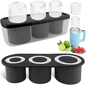 Fu Store Ice Cube Tray for Stanley Cup 20-30 oz Tumbler, 3pcs Silicone Ice Cube Molds With Lid and Bin for Chilling Cocktails Whiskey Drinks Juice Coffee Easy Fill Release Ice Maker Black