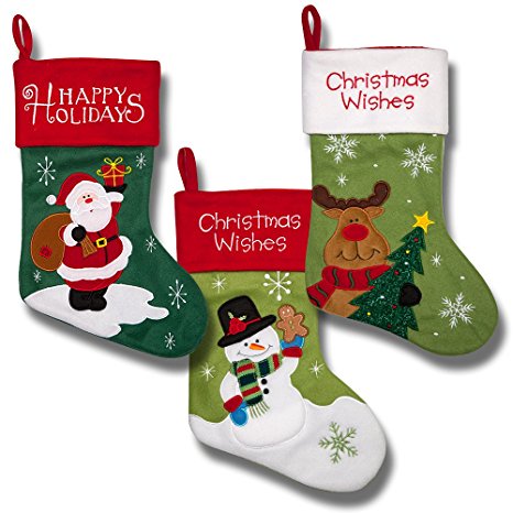 3 Pack Classic Christmas Stockings with Magnificent Detailed Embroidery!