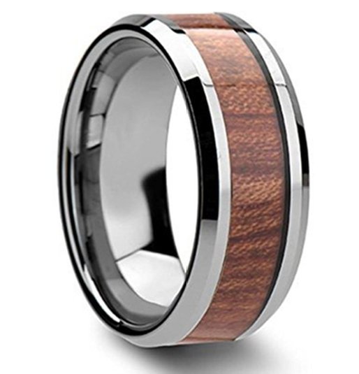 King Will 8mm Tungsten Ring High Polished Koa Wood Inlay Mens and Womens Wedding Band