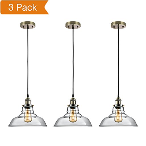 Salking Industrial Hanging Lamp, Vintage Edison Glass Pendant Light, Adjustable Hanging Height(Fabric Cord), Antique Brass Brushed Antique Socket, Modern Vintage Farmhouse Kitchen Lamp, 3-PACK