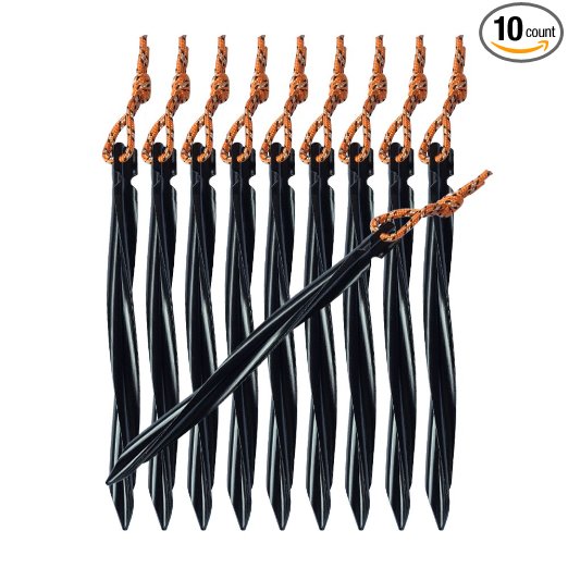 Tripmas Premium Aluminum Tent Stakes 10 Pack - Swirled Shape Tent Pegs with Pull Cords & Pouch - 1.1 oz