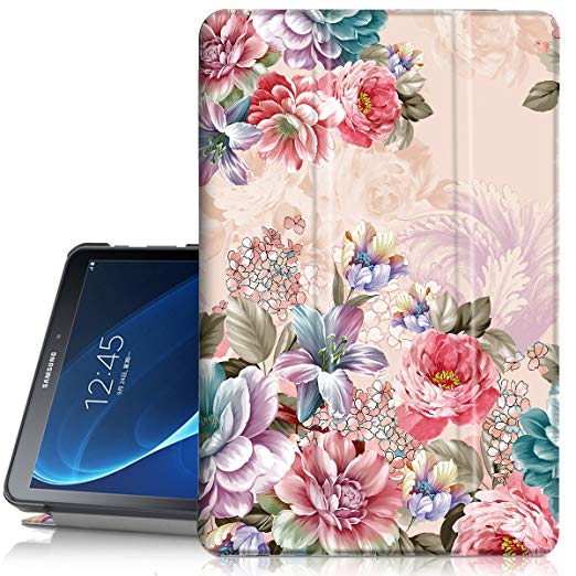 Hocase Galaxy Tab A 10.1 (SM-T580) Case, PU Leather Case w/Flower Design, Auto Sleep/Wake Feature, Hard Back Cover for Samsung Tab A 10.1-inch 2016 (NO S Pen Version) - Peony Flowers