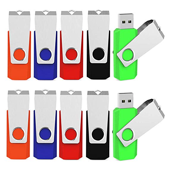 Aiibe 10pcs Colorful 4GB Flash Drive Bulk USB 2.0 Thumb Drives Swivel USB Memory Stick Pen Drive Zip Drives 10 Pack (5 Colors: Black Blue Green Red Orange)