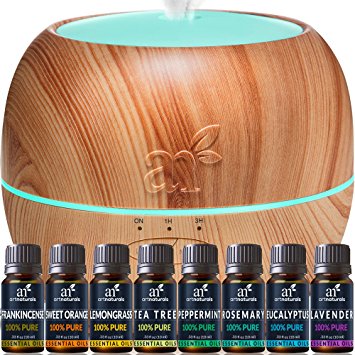 Art Naturals Essential Oil Diffuser 100ml & Top 8 Essential Oil Set - Peppermint, Tee Tree, Rosemary, Orange, Lemongrass, Lavender, Eucalyptus, & Frankincense - Auto Shut-off and 7 Color LED Lights