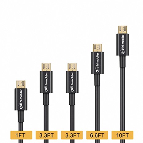 Hi-mobiler® (5PCS-1ft/2*3ft/6ft/10ft) Black High Speed USB2.0 A Male to Micro B Cable with Gold-Plated Connectors for Samsung LG HTC and Other Tablet Smartphone