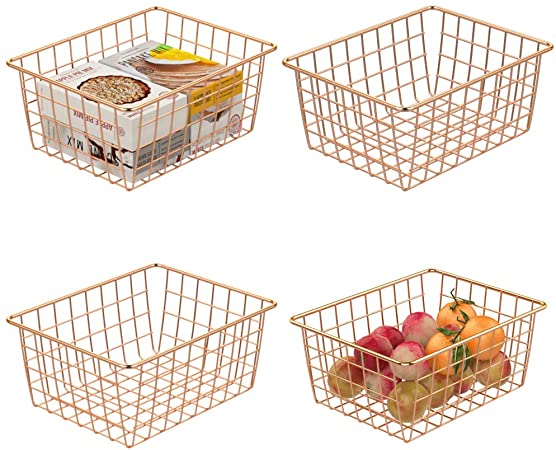 Wire Baskets, Cambond 4 Pack Wire Basket for Storage Durable Metal Basket Pantry Organizer Storage Bin Baskets for Kitchen Cabinets, Pantry, Bathroom, Countertop, Closets (Rose Gold, Small)