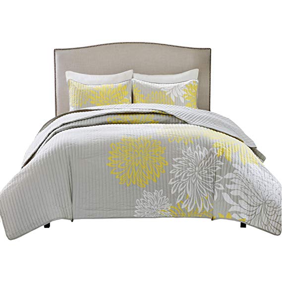 Comfort Spaces Enya 3 Piece Quilt Coverlet Bedspread Ultra Soft Floral Printed Pattern Bedding Set, Full/Queen, Yellow-Grey