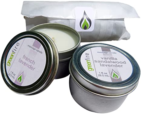 Greenfire All Natural Massage Oil Candles, French Lavender and Lavender Sandalwood Vanilla Blends, Travel Size 1 Fluid Ounce, Set of 2