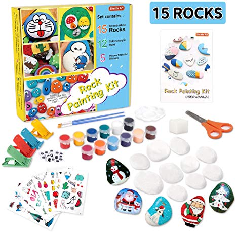 Rock Painting Kit, Rock Painting Supplies for Kids with 15 White Painting Rocks, 12 Colors Acrylic Paint, 20 Googly Eyes,5 Pieces Transfer Stickers,4 Glitter Glue, Great Gift for Boys Girls