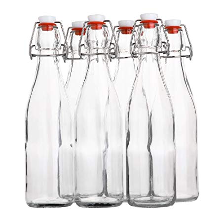 Flip Top Glass Bottle [500 ml/ 16 fl. oz.] [Pack of 6] – Reusable Swing Top Brewing Bottle with Stopper for Beverages, Oil, Vinegar, Kombucha, Beer, Water, Soda, Kefir – Airtight Lid & Leak Proof
