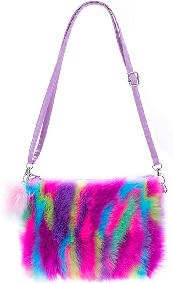 Women Girls Kids Fluffy Fuzzy Bag Plush Tie Dye Rainbow Crossbody Purse Wallet
