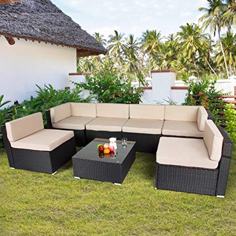U-MAX 7 Piece Patio PE Rattan Wicker Sofa Set Outdoor Sectional Furniture Chair Set with Cushions and Tea Table, Black