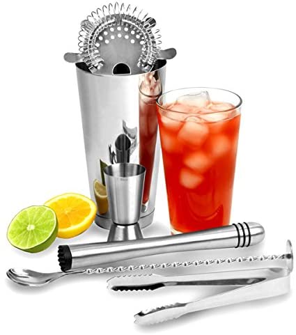 bar@drinkstuff Stainless Steel Set with Boston Shaker, Hawthorne Filter, Scoop, Ice Tongs, Pestle and Spoon for Mixing with Spiral, Metal, 2
