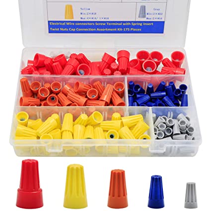 175PCS Electrical Wire Connectors Screw Terminals,with Spring Insert Twist Nuts Caps Connection Assortment Set – Gray, Blue, Yellow and Red Connectors with Storage Case