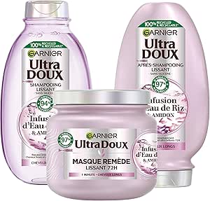 Garnier Ultra Doux - Coffret Routine Lissante Douceur & Brillance - À l’Infusion d’Eau de Riz - Pour les Cheveux Rebelles et Indisciplinés - Shampooing, Après-Shampooing & Masque