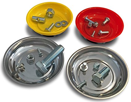 4 Pack Magnetic Parts Tray Set, Includes 2 Stainless 4 1/4-inch Dia. Bowls, 2 Impact-Resistant Color Coded Bowls, Use to organize and secure tools, hardware and metal parts for Home, Auto, Shop, etc