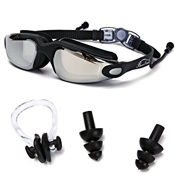 Baen Sendi Swimming Goggles with Siamese Ear Plugs - UV Protection Anti Fog - Best Adult Swim Goggles (Black-2)