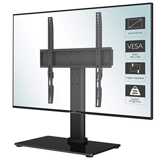 1home Table Top Pedestal TV Stand with Bracket for 26-55” LED LCD Screens Swivel & Height Adjustment - 8mm Tempered Glass Base with Anti-Slip Feet - Max VESA 400x400mm