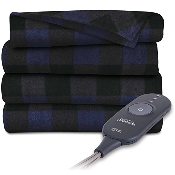 Sunbeam Heated Electric Throw Blanket Fleece Extra Soft, Navy Black Plaid