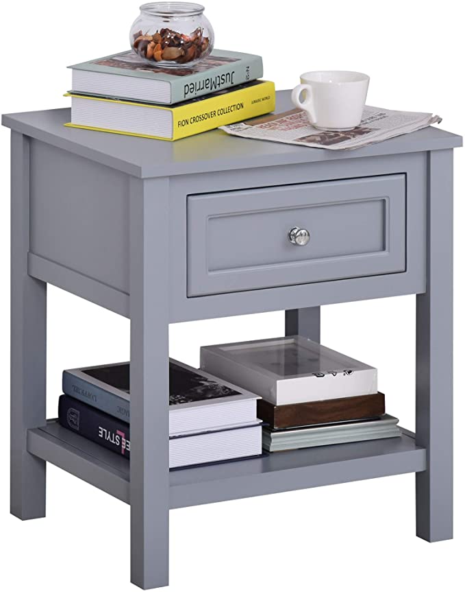 HOMCOM Accent End Table Nightstand with Grey Tabletop, Storage Drawer, and Bottom Shelf