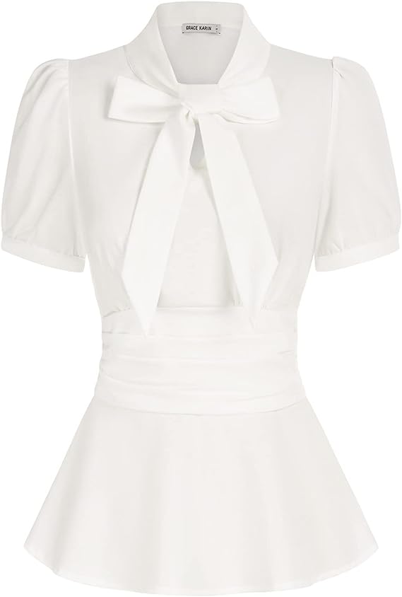 GRACE KARIN Women's Office Bow Tie Blouse Puff Sleeve Peplum Dressy Shirt Smocked Waist
