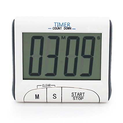 Large LCD Display Cooking Digital Countdown Count Up Down Loud Alarm Kitchen Timer / Sport Stopwatches with Clock Function, White