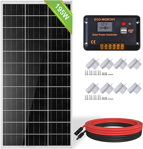 ECO-WORTHY 200 Watt Solar Starter Kit: 1pc 195W Mono Solar Panel   30A Charger Controller with 2 USB Ports   Solar Cable   Z Mounting Brackets Solar Basic Kit for RV Homes Boat