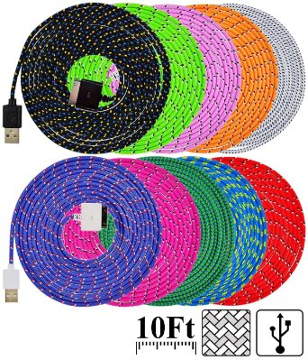 UNISAME [Pack of 10Pcs] Premium 10 Colors 10Ft 3Meter Rugged Nylon Braided 30 Pin USB Charging & Sync Data Cable Charger Cord for iPhone 4 4S 3GS 3G, iPad 2, iPad 3, iPod Touch 1/2/3/4 (Black, Red, Blue, Purple, Pink, Green, Orange, Hot Pink, Light Green, White)