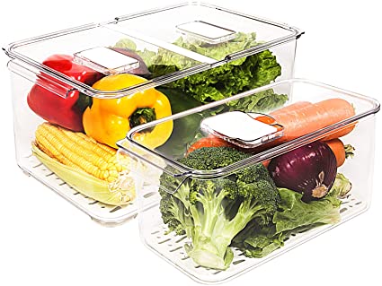 elabo Food Storage Containers Fridge Produce Saver- Stackable Refrigerator Organizer Keeper Drawers Bins Baskets with Lids and Removable Drain Tray for Veggie, Berry and Fruits, 1 X-Large and 1 Large