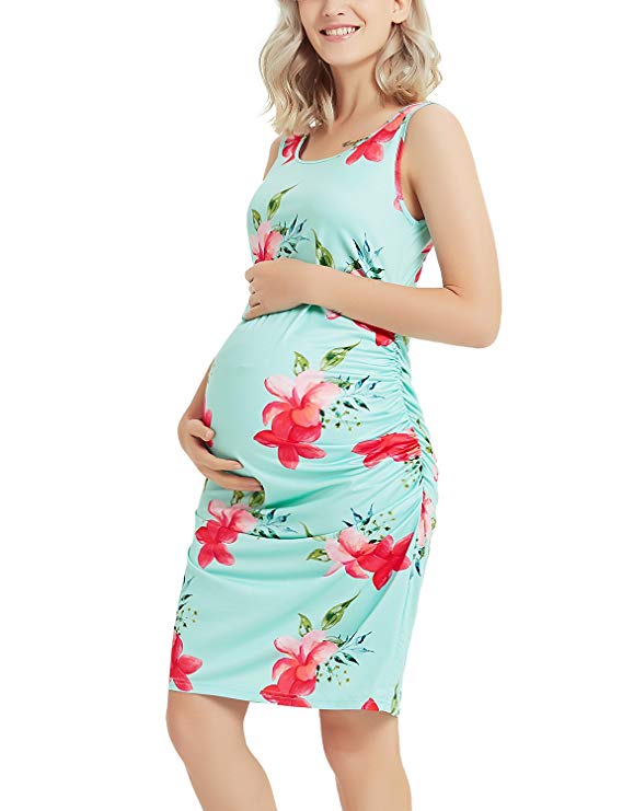 GINKANA Maternity Tank Dress Bodycon Sleeveless Casual Short Ruched Midi Fitted Dress Pregnant Women